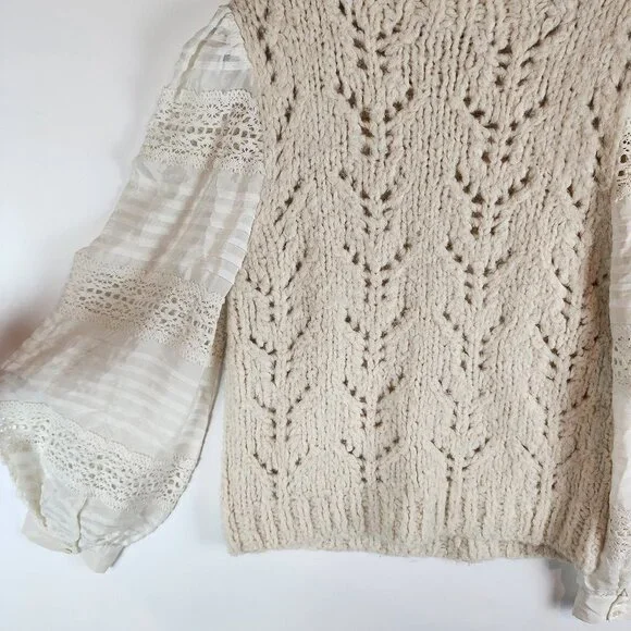 Sea New York Ellie Combo Sweater Cable Knit Puff Lace Sleeves Cream Alpaca Wool - Picture 6 of 14